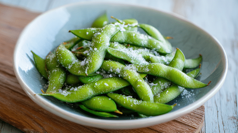 Fresh edamame recipe featuring freshly boiled edamame pods sprinkled with flaky sea salt in a white bowl on a wooden table.