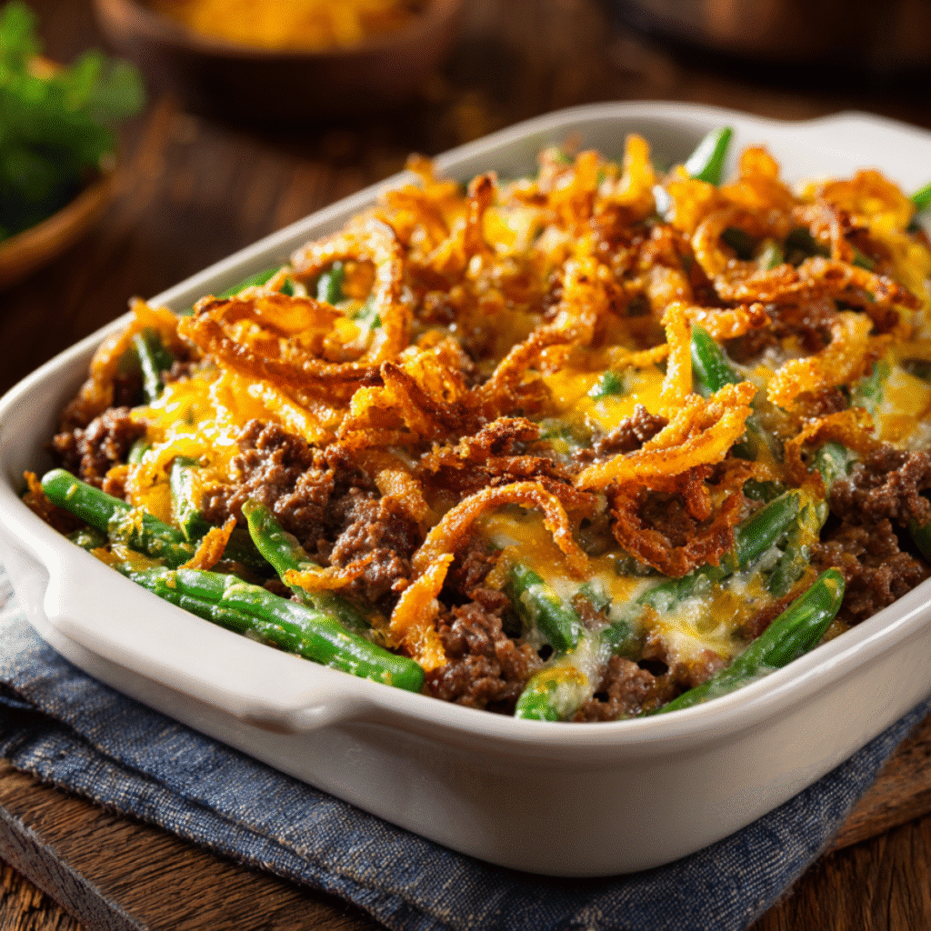 Hearty Green Bean Casserole with Hamburger 1 Hearty green bean casserole with hamburger in a white baking dish, topped with crispy fried onions and melted cheese, served as a comforting family dinner