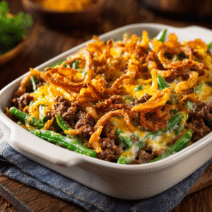 Hearty Green Bean Casserole with Hamburger 3 Hearty green bean casserole with hamburger in a white baking dish, topped with crispy fried onions and melted cheese, served as a comforting family dinner