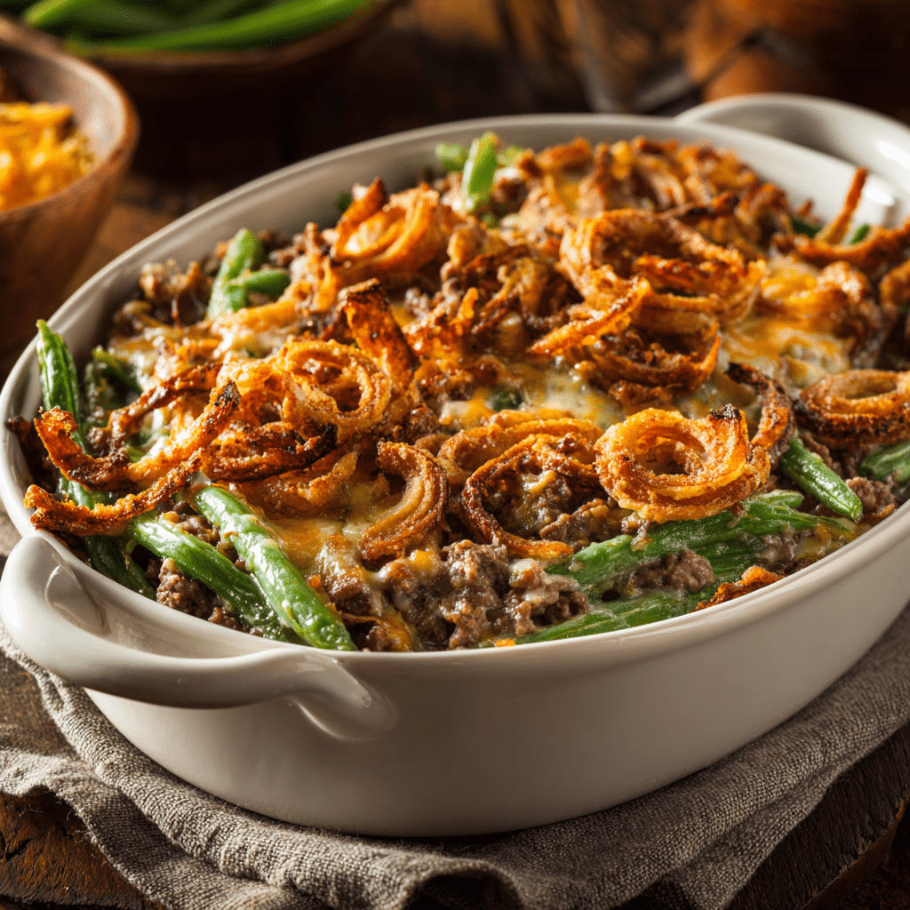 Hearty Green Bean Casserole with Hamburger 2 Baked green bean casserole with hamburger, topped with crispy fried onions and melted cheese in a white dish, classic comfort food dinner.