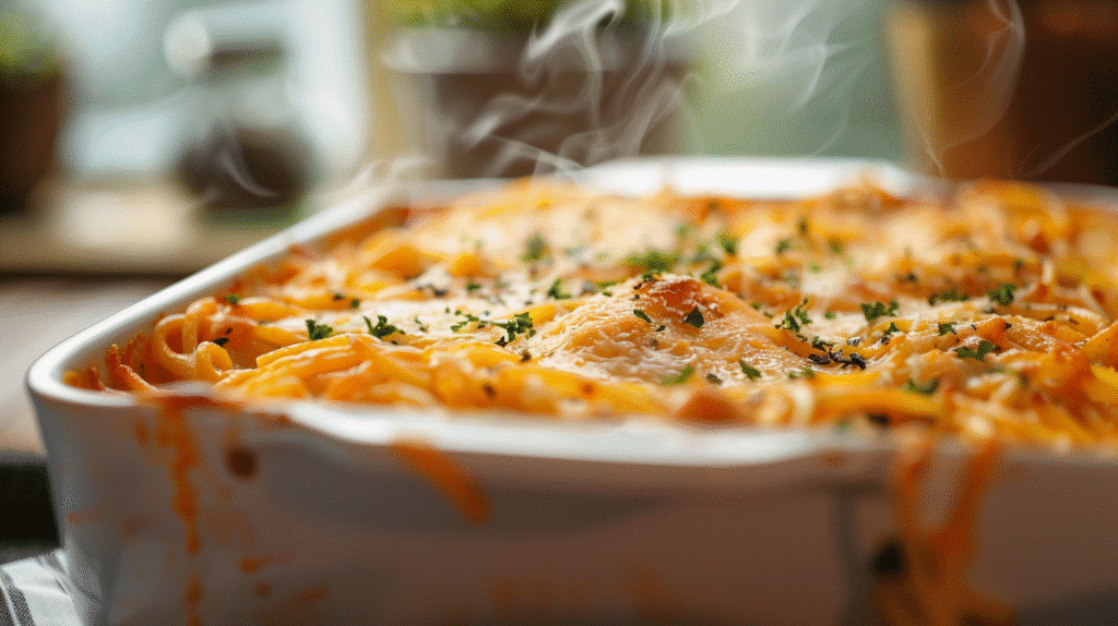 Homemade Southern Chicken Spaghetti Casserole Recipe 1 Homemade Southern Chicken Spaghetti Casserole topped with melted cheese and parsley, steaming hot in a white baking dish on a rustic kitchen table.