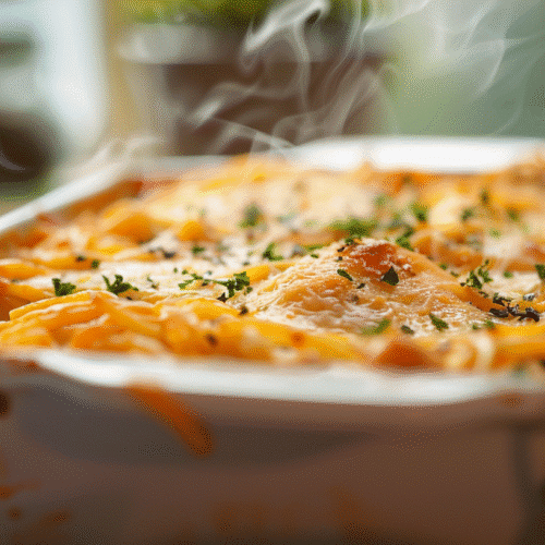 Homemade Southern Chicken Spaghetti Casserole Recipe 2 Homemade Southern Chicken Spaghetti Casserole topped with melted cheese and parsley, steaming hot in a white baking dish on a rustic kitchen table.