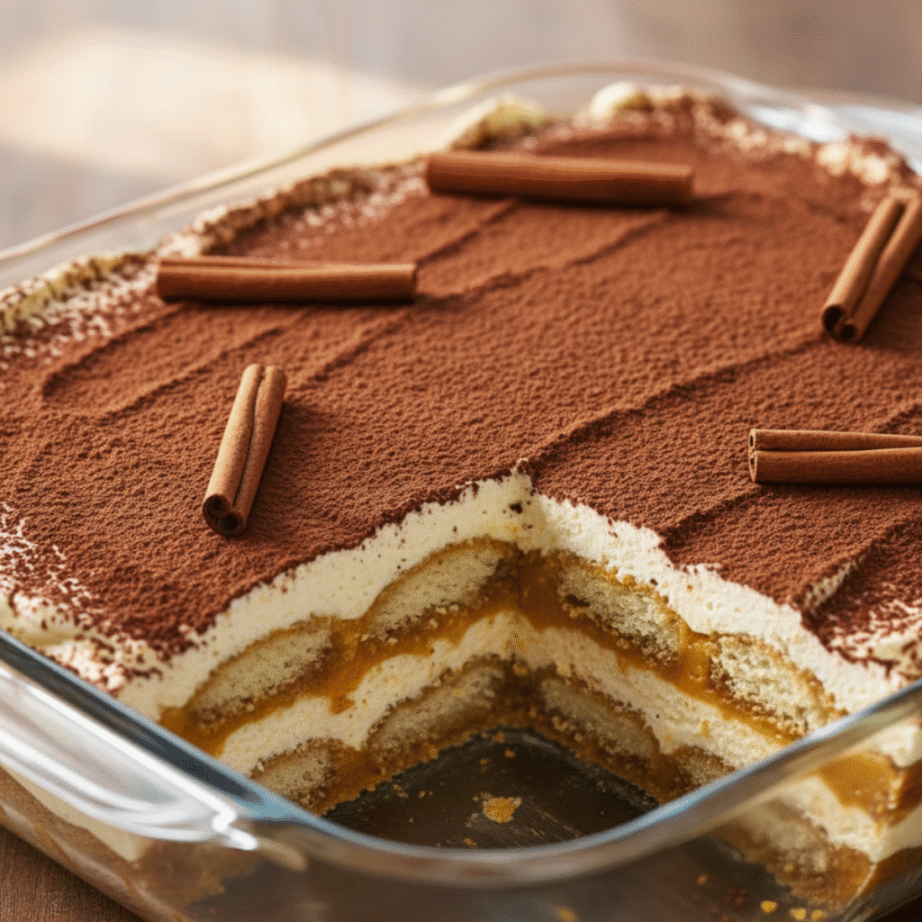Delicious No-Bake Pumpkin Tiramisu Recipe 1 No-bake pumpkin tiramisu with creamy mascarpone layers, coffee-soaked ladyfingers, pumpkin puree, and cocoa powder dusting, garnished with cinnamon sticks.