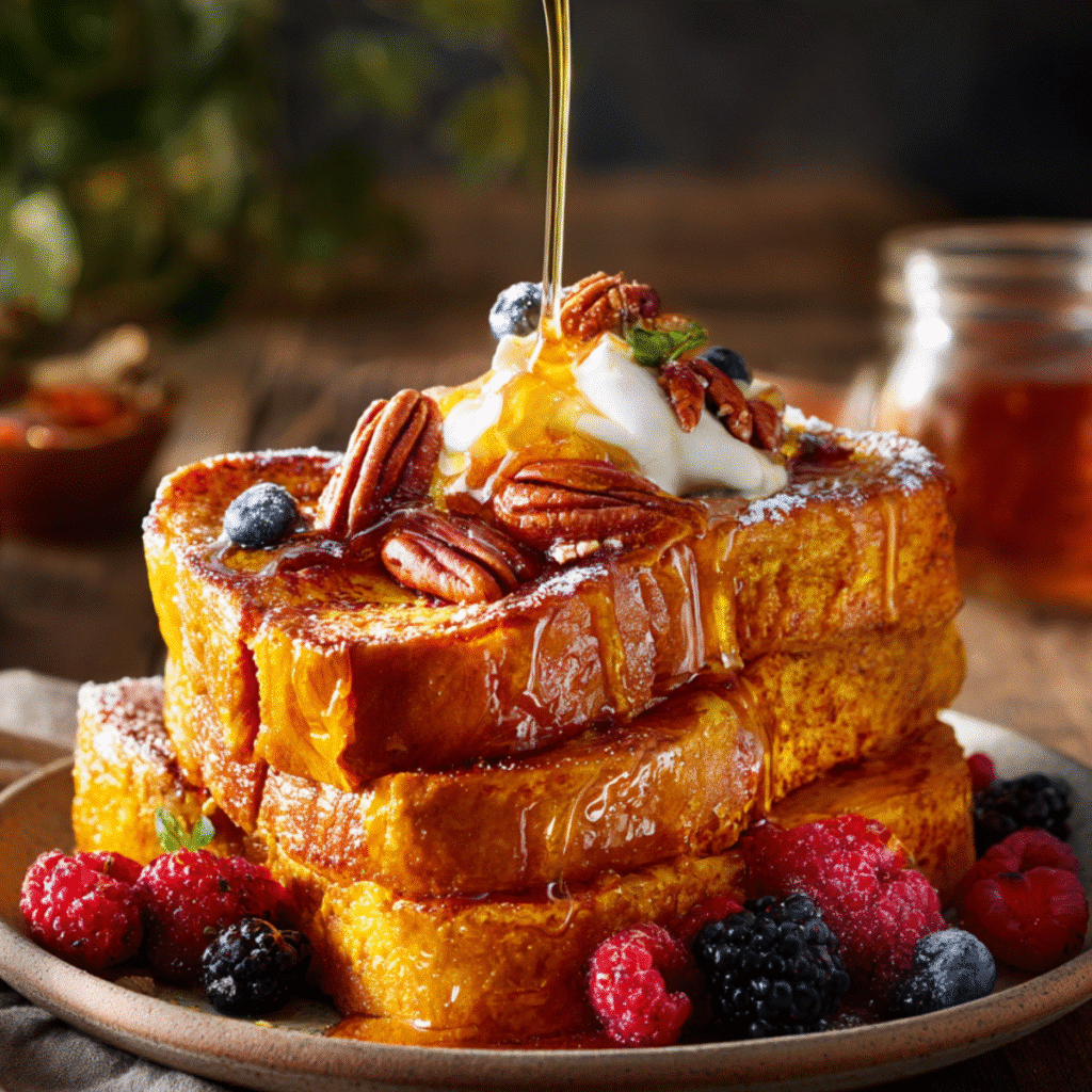 Delicious Pumpkin French Toast Breakfast 1 Three stacked pumpkin French toast slices topped with whipped cream and warm maple syrup, garnished with toasted pecans and mixed berries on a rustic plate.