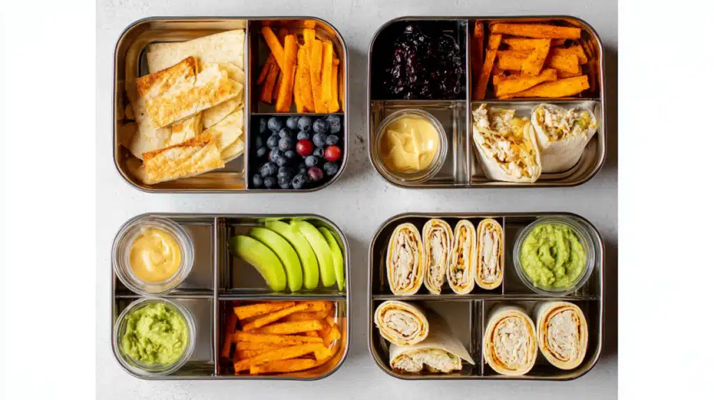Top 5 Trending Protein Treats for School Lunches 1 Colorful bento lunch boxes filled with wraps, sweet potato fries, fruit, guacamole, and dips — a healthy variety of Protein Treats for School Lunches that are kid-friendly, high in protein, and easy to pack.