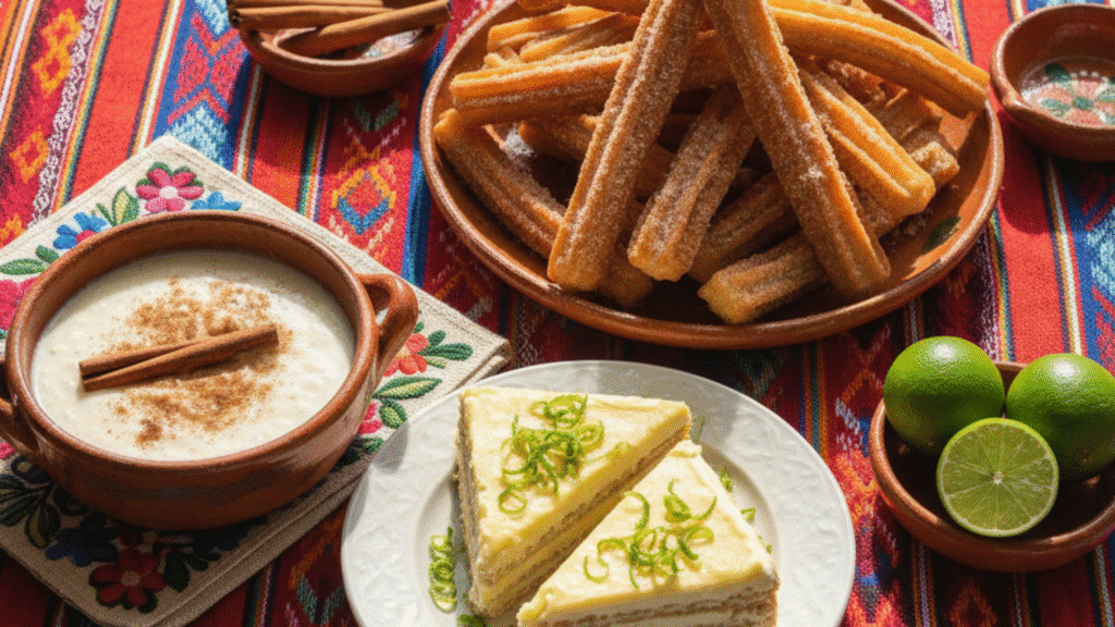 Traditional Mexican Desserts You Can Make at Home 1 Traditional Mexican desserts including churros coated in cinnamon sugar, creamy arroz con leche with a cinnamon stick, and slices of Carlota de Limón with lime zest on a colorful Mexican textile.