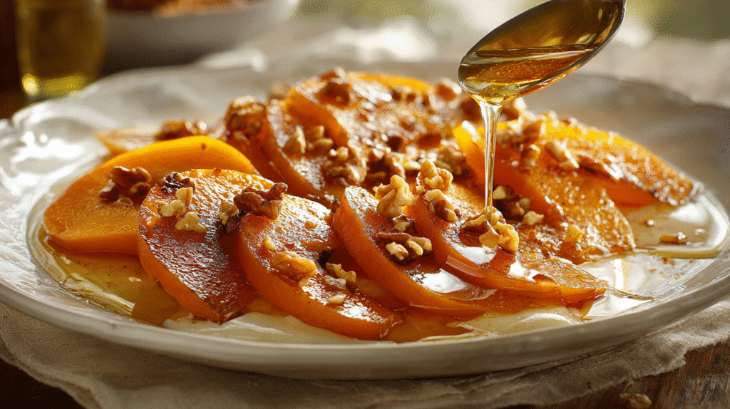 Close-up of Turkish pumpkin dessert Kabak Tatlısı served on a white plate, topped with chopped walnuts and drizzled with syrup or tahini, creating a glossy caramelized finish.