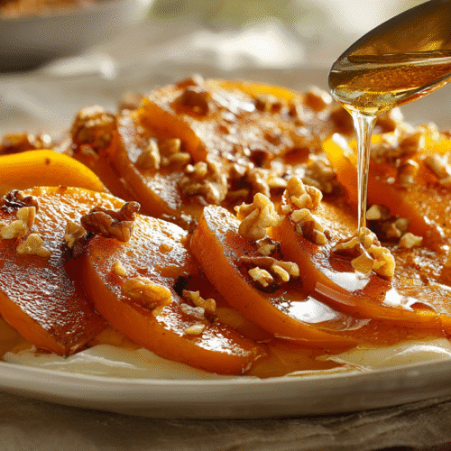 Close-up of Turkish pumpkin dessert Kabak Tatlısı served on a white plate, topped with chopped walnuts and drizzled with syrup or tahini, creating a glossy caramelized finish.