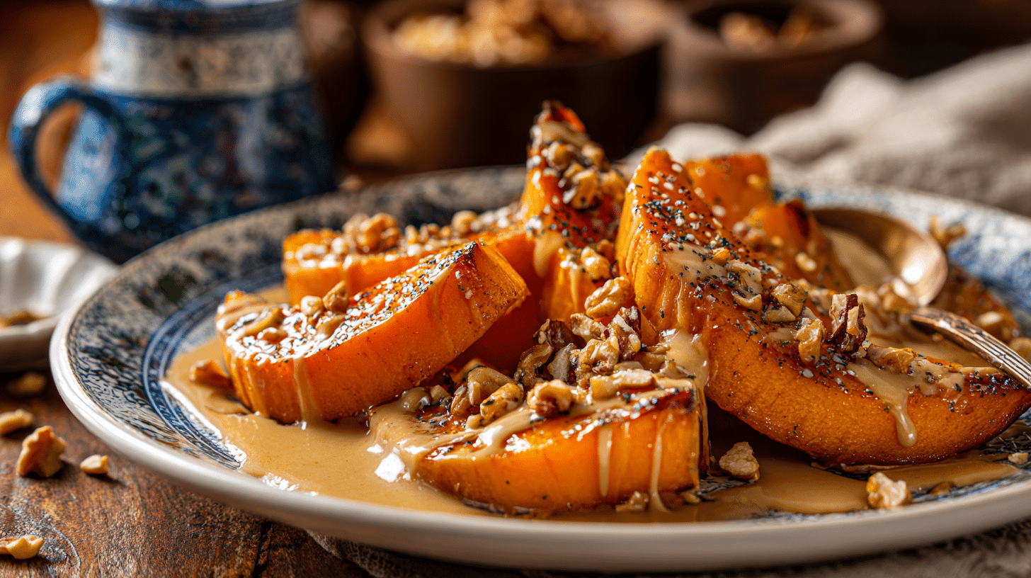 Authentic Turkish pumpkin dessert Kabak Tatlısı served on a ceramic platter, topped with creamy tahini drizzle and chopped walnuts, surrounded by warm autumn tones.