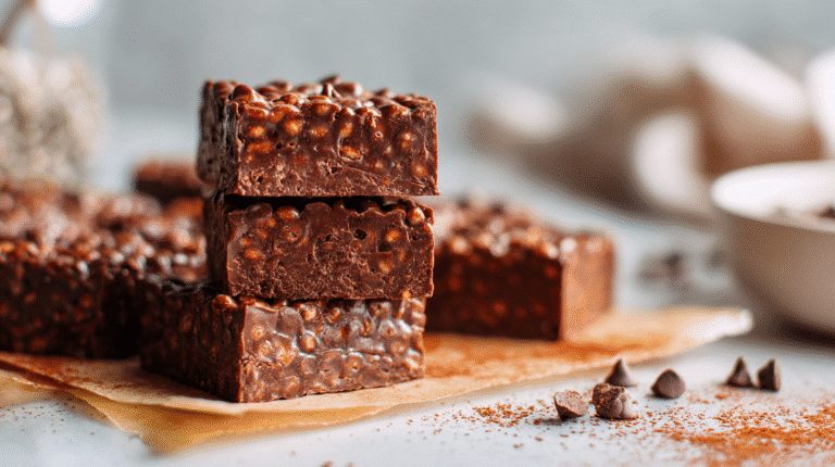 Close-up of homemade Chocolate Protein Crispies stacked on parchment paper, showing their rich chocolate coating, crispy texture.