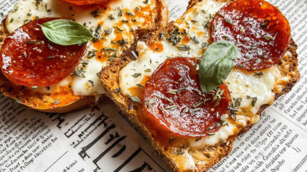High-Protein Cottage Cheese Pizza Toast 1 Appetizing close-up of two open-faced cottage cheese pizza toasts, generously topped with melted cheese, pepperoni, and fresh herbs.