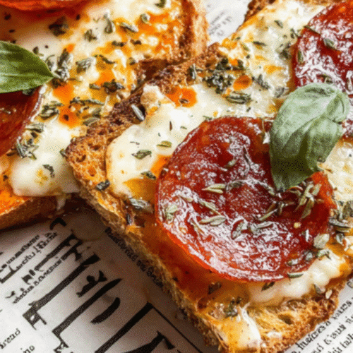 High-Protein Cottage Cheese Pizza Toast 2 Appetizing close-up of two open-faced cottage cheese pizza toasts, generously topped with melted cheese, pepperoni, and fresh herbs.