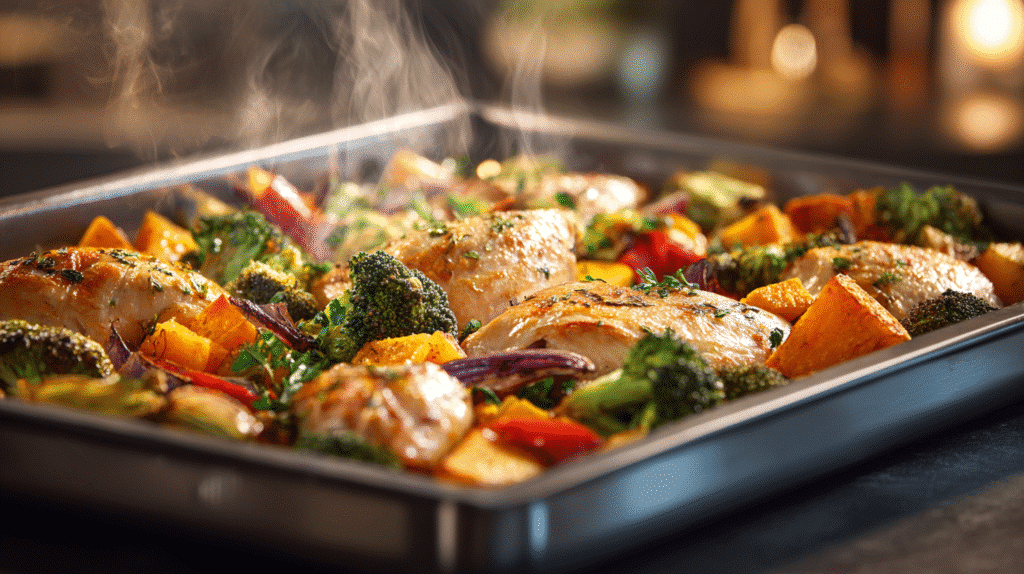 Colorful healthy one pan meals oven dinner with roasted chicken, sweet potatoes, and vegetables on a baking sheet in a bright kitchen.