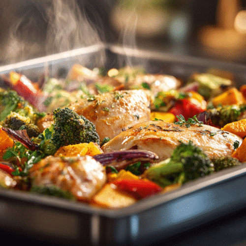 Colorful healthy one pan meals oven dinner with roasted chicken, sweet potatoes, and vegetables on a baking sheet in a bright kitchen.
