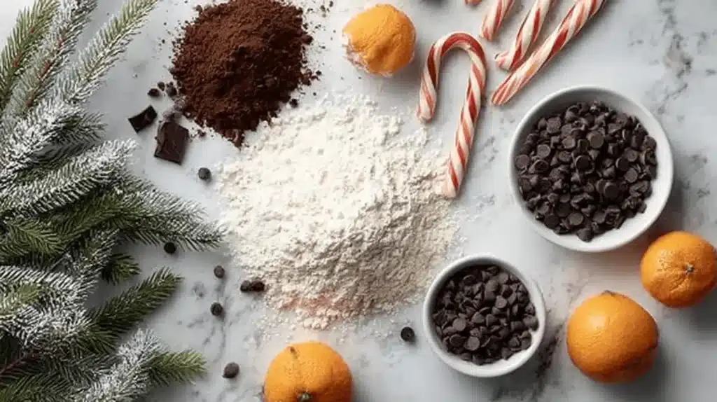 High-Protein Holiday Baking Ideas: Festive & Fit Recipes 1 A festive flat lay of baking ingredients like cocoa, chocolate chips, and frosted pine branches, inspiring High-Protein Holiday Baking Ideas.