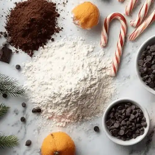 High-Protein Holiday Baking Ideas: Festive & Fit Recipes 2 A festive flat lay of baking ingredients like cocoa, chocolate chips, and frosted pine branches, inspiring High-Protein Holiday Baking Ideas.