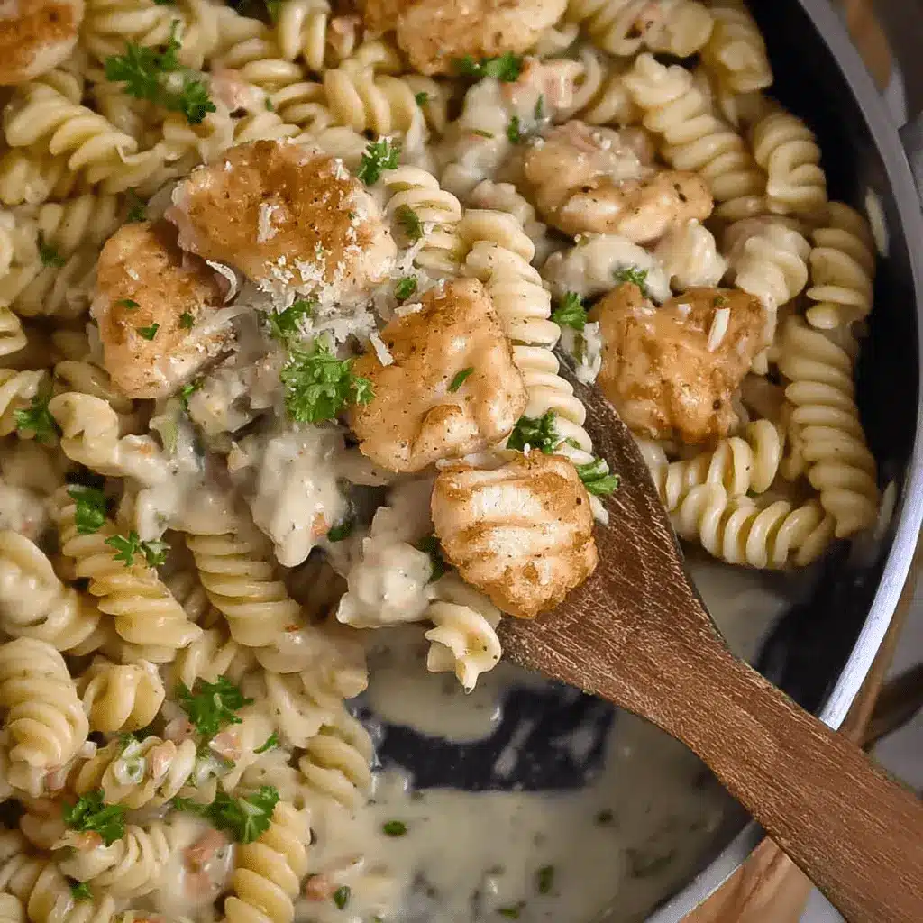 Creamy Garlic Parmesan Chicken Pasta 2 Creamy garlic parmesan chicken pasta with rotini noodles and golden chicken pieces in a rich, cheesy sauce.