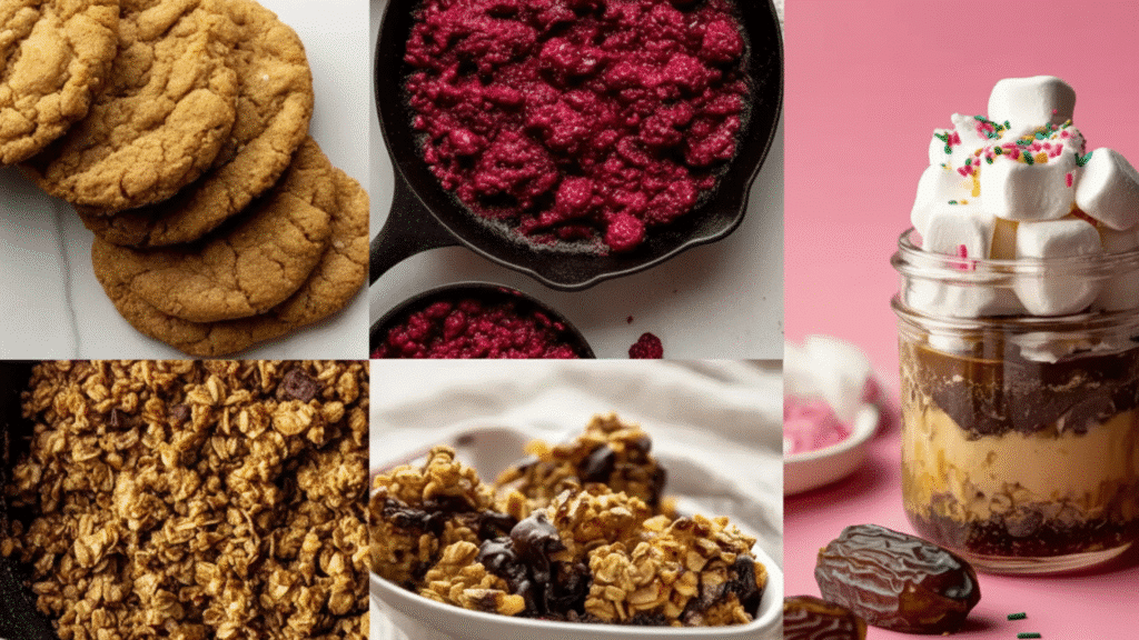 Delicious Macro Friendly Sweet Treats 1 Assorted macro friendly sweet treats: protein cookies, oat granola clusters, berry compote, and a layered jar dessert topped with marshmallows.