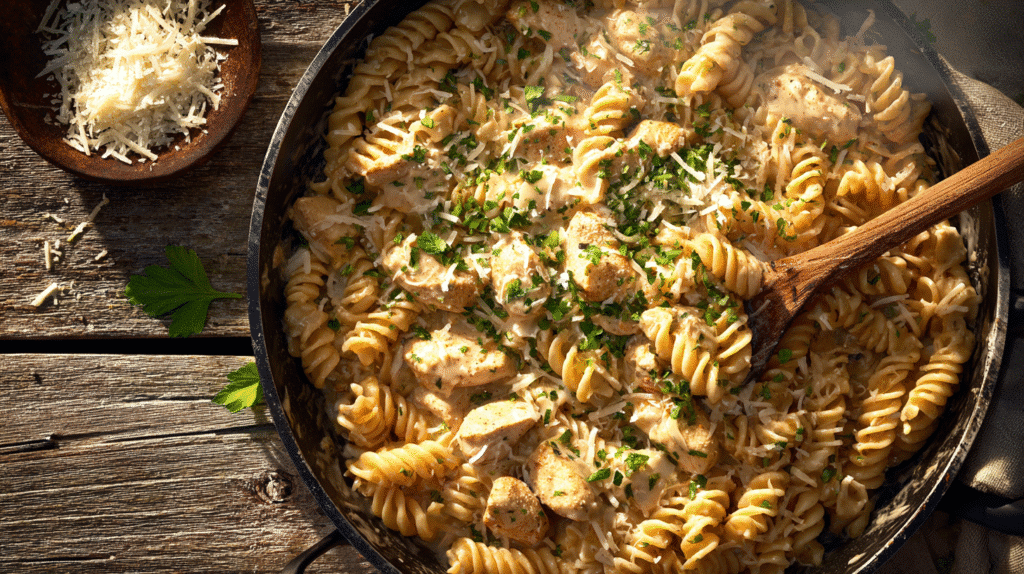 Quick & Easy One-Pot Chicken Dinners for Busy Nights 1 Skillet of creamy chicken and rotini pasta with Parmesan and parsley — one-pot chicken dinners for busy nights.