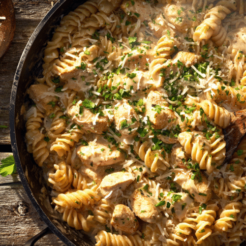 Quick & Easy One-Pot Chicken Dinners for Busy Nights 2 Skillet of creamy chicken and rotini pasta with Parmesan and parsley — one-pot chicken dinners for busy nights.
