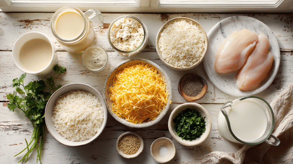 One-Pan Cheesy Chicken and Rice Casserole 2 Overhead view of neatly arranged ingredients for a cheesy chicken and rice casserole, including bowls of shredded cheddar cheese, uncooked white rice, cream soup, spices, fresh parsley, a jug of milk, and raw chicken breasts on a marble plate, all on a rustic white wooden table.