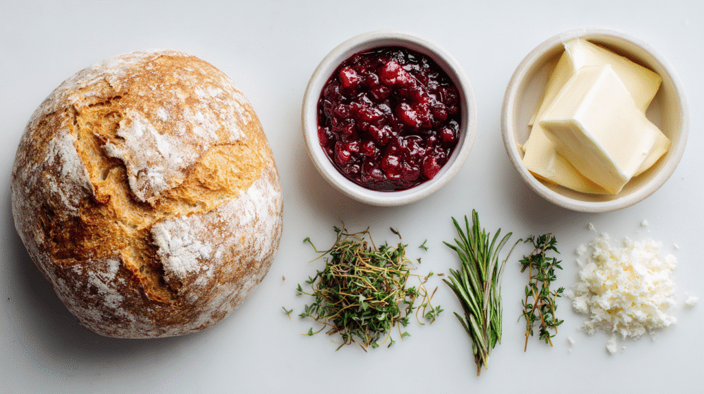 Sourdough Loaf with Brie and Cranberry 2 Overhead flat lay of a round sourdough loaf, a bowl of cranberry sauce, a bowl of butter, fresh rosemary and thyme, and grated cheese arranged on a white surface.