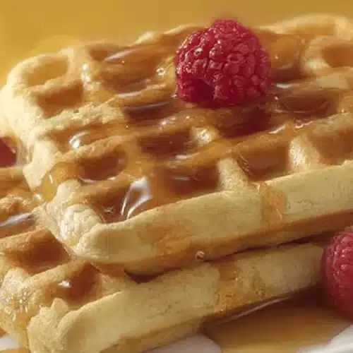 Classic Bisquick Waffle Recipe 1 Golden-brown Bisquick waffles with syrup and fresh raspberries, a delicious breakfast for any Bisquick waffle recipe enthusiast.