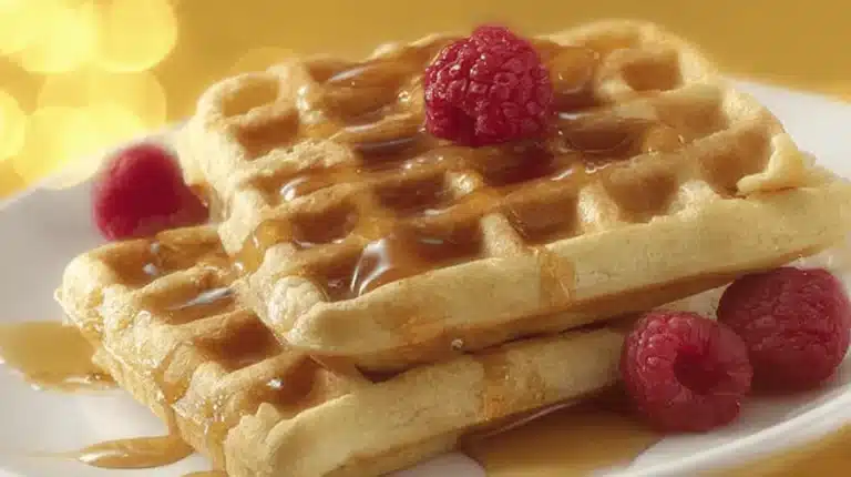 Golden-brown Bisquick waffles with syrup and fresh raspberries, a delicious breakfast for any Bisquick waffle recipe enthusiast.