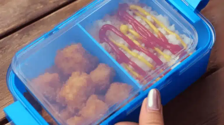 A vibrant blue lunchbox with savory snacks, perhaps followed by a delightful box cake mix with apple pie filling dessert.