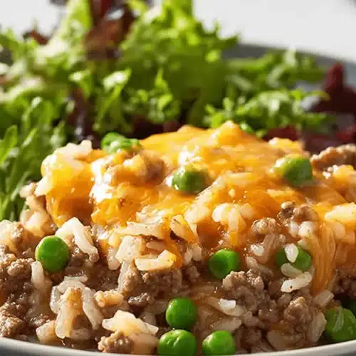 Cheesy Beef and Rice Casserole 1 Appetizing Cheesy Beef and Rice Casserole with green peas and melted golden cheese, served with a fresh side salad on a light plate.