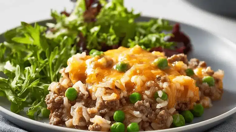 Appetizing Cheesy Beef and Rice Casserole with green peas and melted golden cheese, served with a fresh side salad on a light plate.