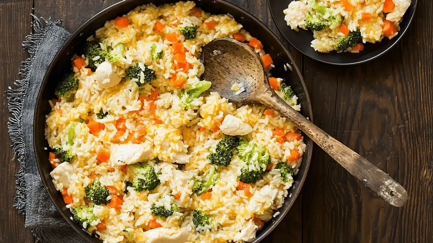 Cheesy One-Pan Chicken Broccoli Rice Skillet