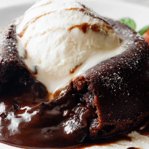 The Ultimate Easy Chocolate Lava Cake Recipe 1 Indulgent chocolate lava cake with molten center, vanilla ice cream, raspberries, and mint on a white plate.