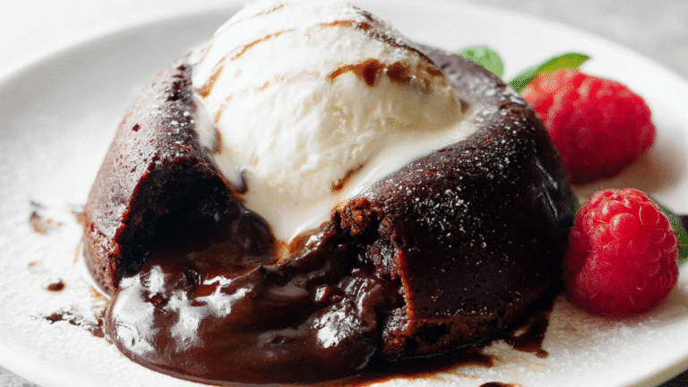 Indulgent chocolate lava cake with molten center, vanilla ice cream, raspberries, and mint on a white plate.