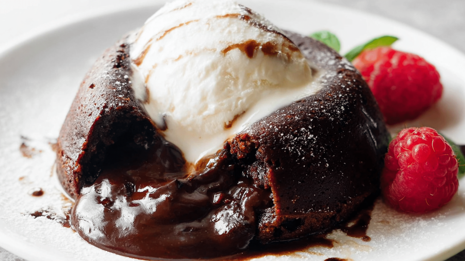 Indulgent chocolate lava cake with molten center, vanilla ice cream, raspberries, and mint on a white plate.