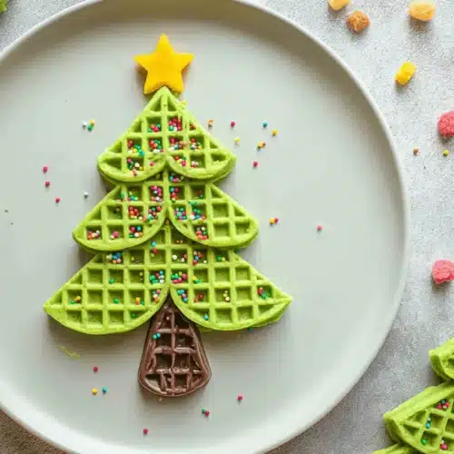 Festive Green Christmas Tree Waffles 1 Vibrant flat-lay of festive green Christmas Tree Waffles decorated with a yellow star, rainbow sprinkles, and a chocolate trunk, surrounded by holiday candies.