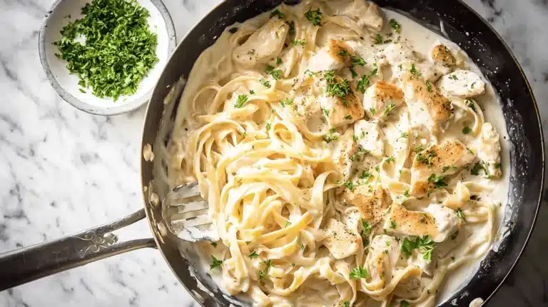 Overhead view of a delicious creamy chicken alfredo pasta dish garnished with fresh parsley in a dark pan on a marble surface.