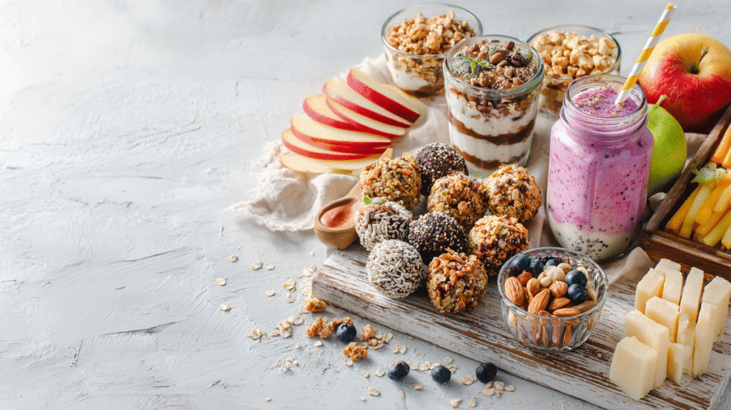Healthy Snacks for Teens: Quick & Nutritious Ideas 2 A colorful flat lay of healthy teen snacks including apple slices with nut butter, yogurt parfaits with berries, veggie sticks with hummus, and energy balls arranged on a bright surface.