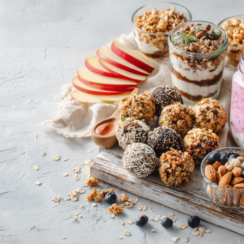 Healthy Snacks for Teens: Quick & Nutritious Ideas 1 A colorful flat lay of healthy teen snacks including apple slices with nut butter, yogurt parfaits with berries, veggie sticks with hummus, and energy balls arranged on a bright surface.
