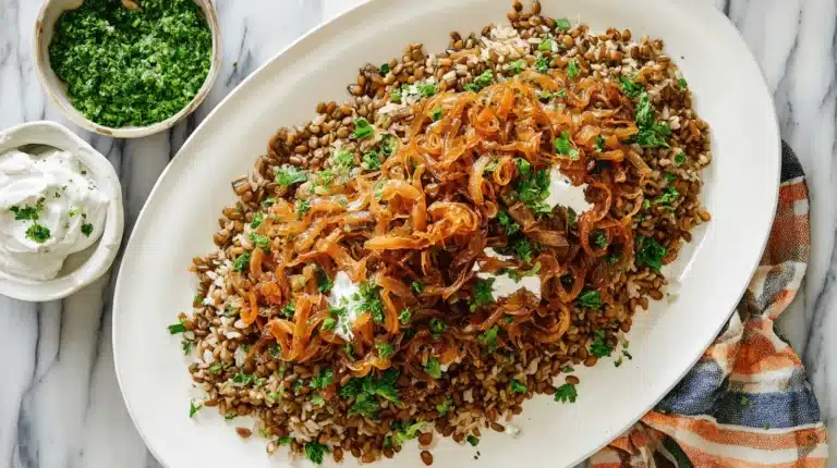A hearty platter of Mujadara (Lentils and Rice with Caramelized Onions) garnished with fresh herbs and creamy yogurt, served alongside green herb sauce and a creamy dip on a marble counter.