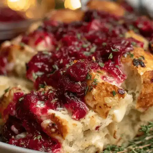 Sourdough Loaf with Brie and Cranberry 1 Warm Sourdough Loaf with Brie and Cranberry, oozing melted cheese, garnished with fresh thyme on a festive table.