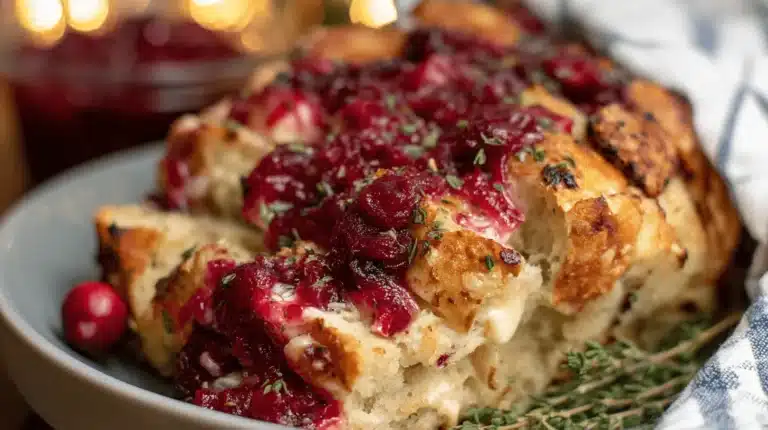 Warm Sourdough Loaf with Brie and Cranberry, oozing melted cheese, garnished with fresh thyme on a festive table.