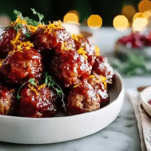 Glistening holiday cranberry orange meatballs recipe, garnished with fresh orange zest and thyme, served in a festive bowl with a side of cranberry sauce.