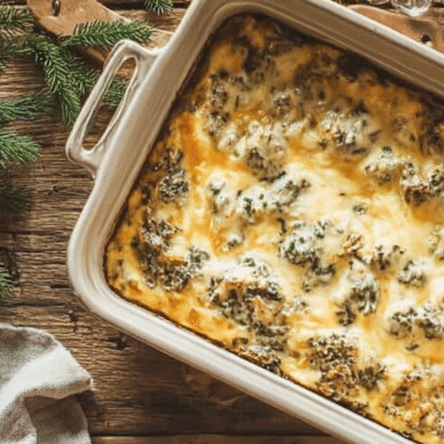 Rustic kodiak cake breakfast casserole in a baking dish, surrounded by eggs and winter greenery on wood.