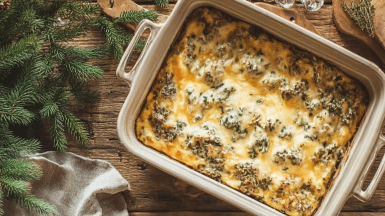 Rustic kodiak cake breakfast casserole in a baking dish, surrounded by eggs and winter greenery on wood.