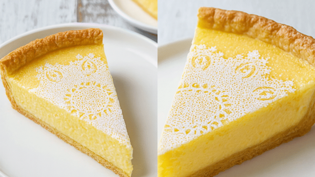 Lemon Custard Pie with Tangy Whipped Cream Recipe 2 Slice of lemon custard pie on a white plate, topped with an intricate powdered sugar doily pattern and featuring a golden, flaky crust.