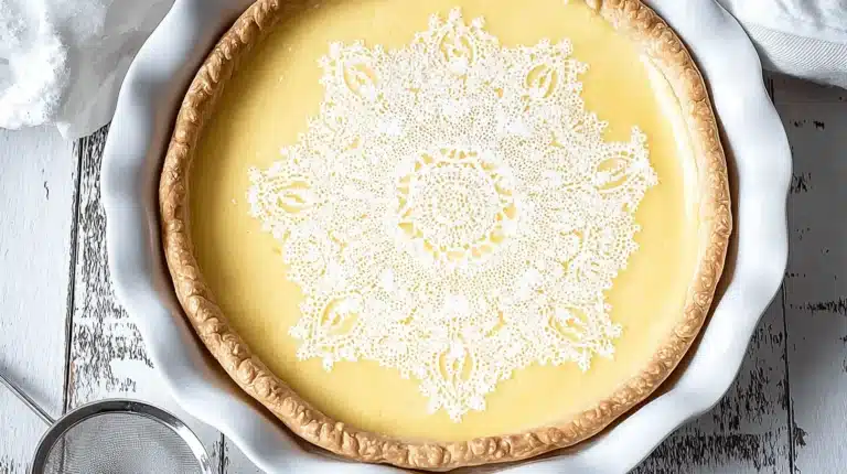 Overhead view of a beautifully decorated lemon custard pie with an intricate powdered sugar lace pattern and golden crust.