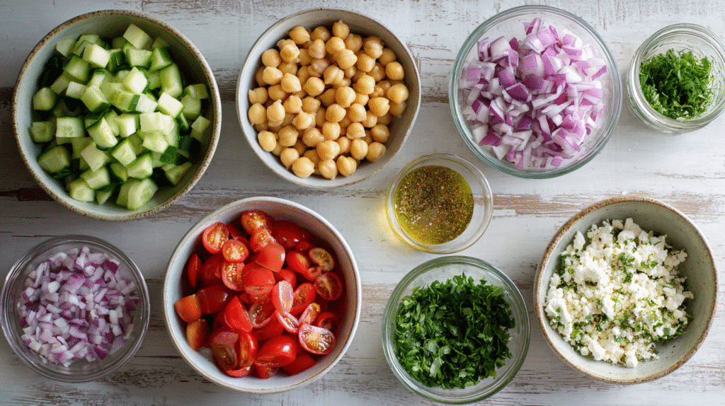 Overhead view of neatly arranged Mediterranean chickpea salad ingredients in bowls, including diced cucumber, whole chickpeas, chopped red onion, halved cherry tomatoes, crumbled feta, chopped parsley, and a small bowl of lemon vinaigrette on a rustic white wooden surface.