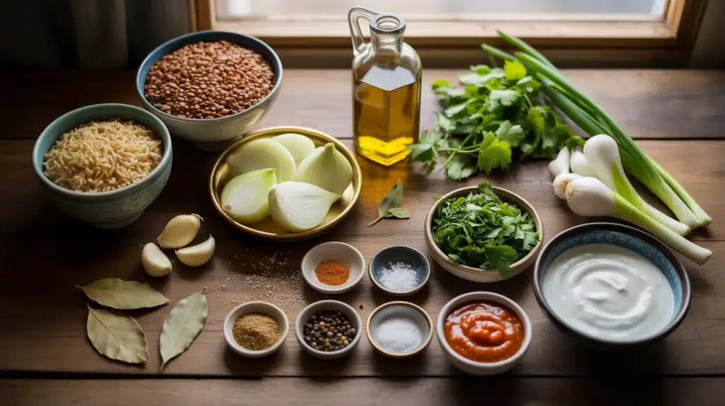 Hearty Mujadara Recipe 2 Overhead view of neatly arranged mujadara ingredients on a wooden table, including bowls of brown lentils and basmati rice, halved onions, garlic cloves, bay leaves, ground spices, olive oil, fresh cilantro, green onions, yogurt, and a small bowl of red chili sauce.