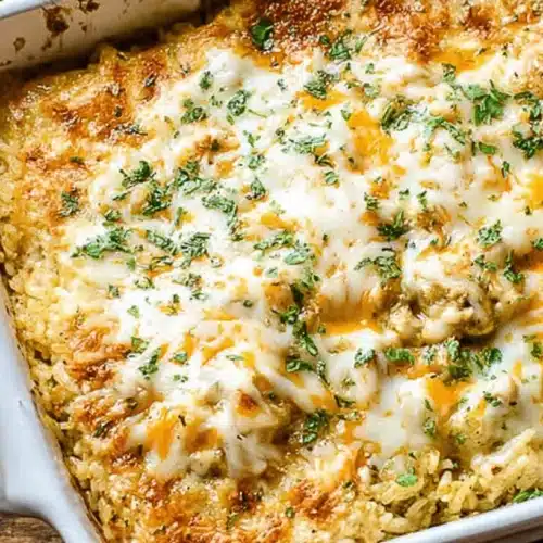 One-Pan Cheesy Chicken and Rice Casserole 1 Mouth-watering One-Pan Chicken and Rice Casserole, freshly baked with bubbly cheese and fresh herbs, served in a white baking dish on a rustic wooden table.